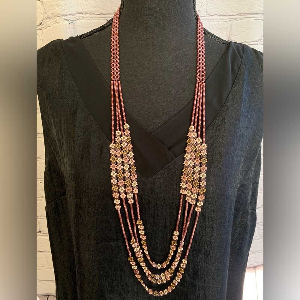 Handcrafted Four Strand Floral Seed Bead Necklace in Brown, Pink & Gold